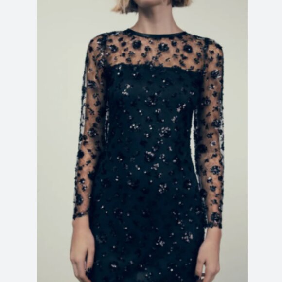 ZARA WOMEN BLACK LONG SLEEVES SEQUIN DRESS SIZE XS NWT - Picture 2 of 6